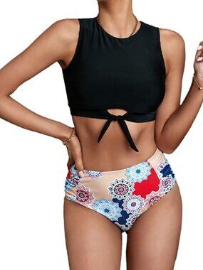Black Tie Front Cropped Swim Top Women Medium